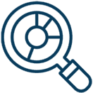 Blue magnifying glass with pie chart icon.
